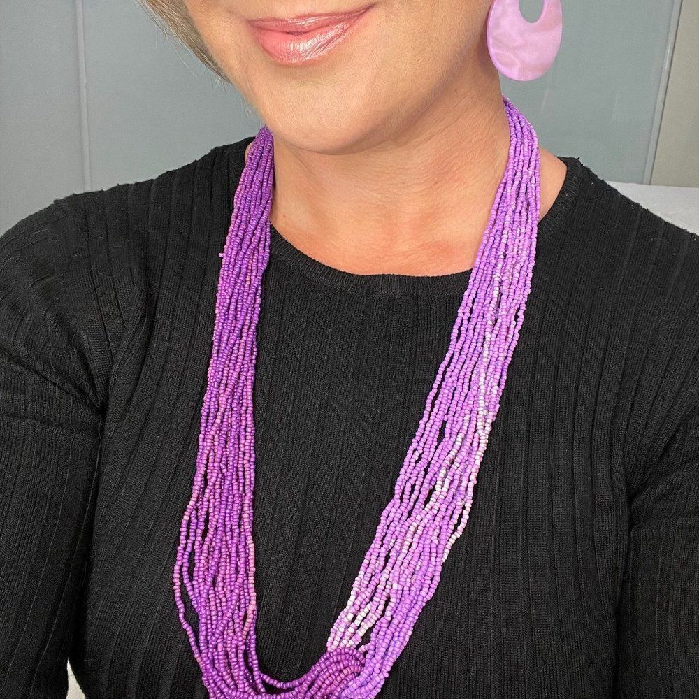 Necklace and earring set, boho/artisnal layered look in rich purple shades, EUC